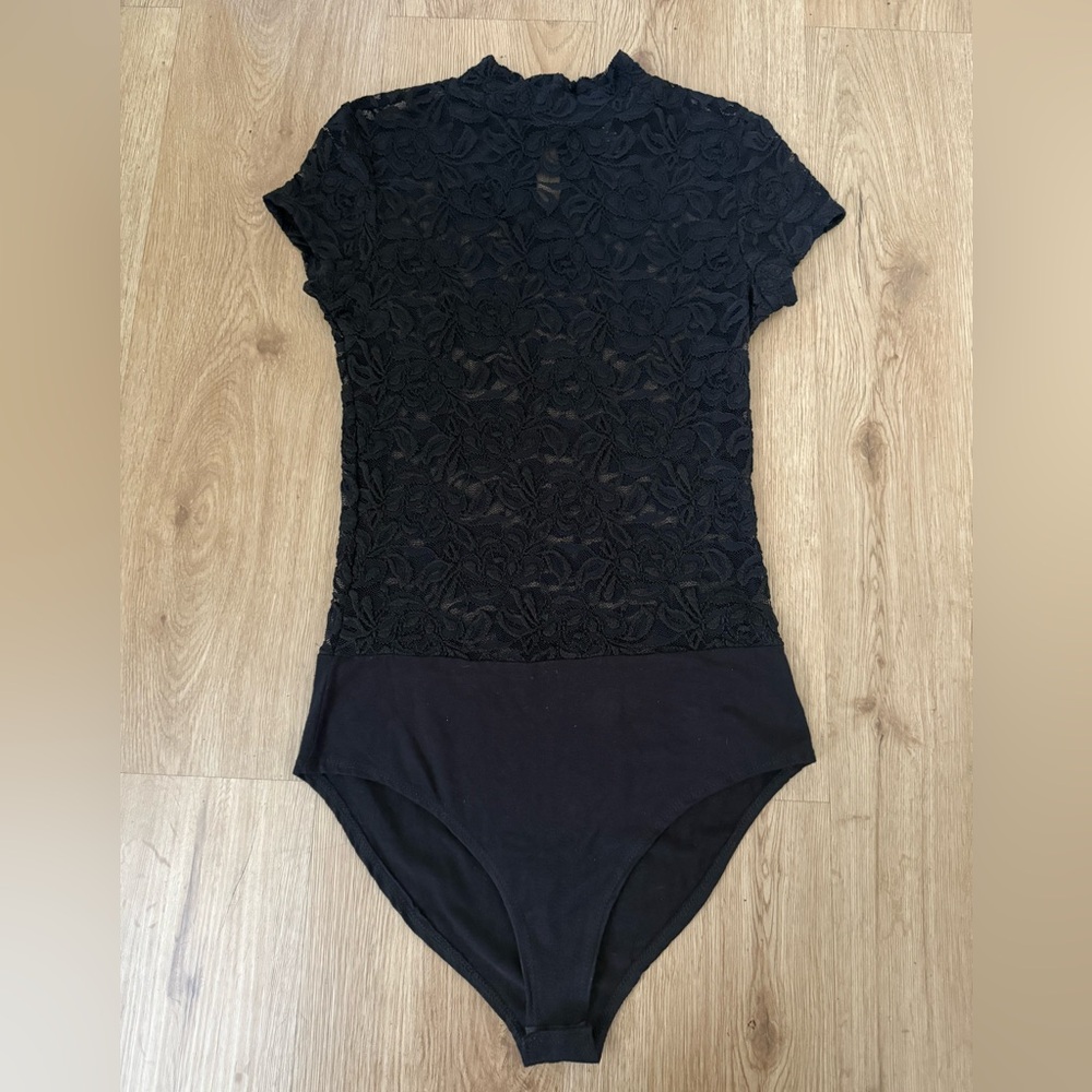 Aqua Black Lace Floral Bodysuit with Mock Neck Size Small